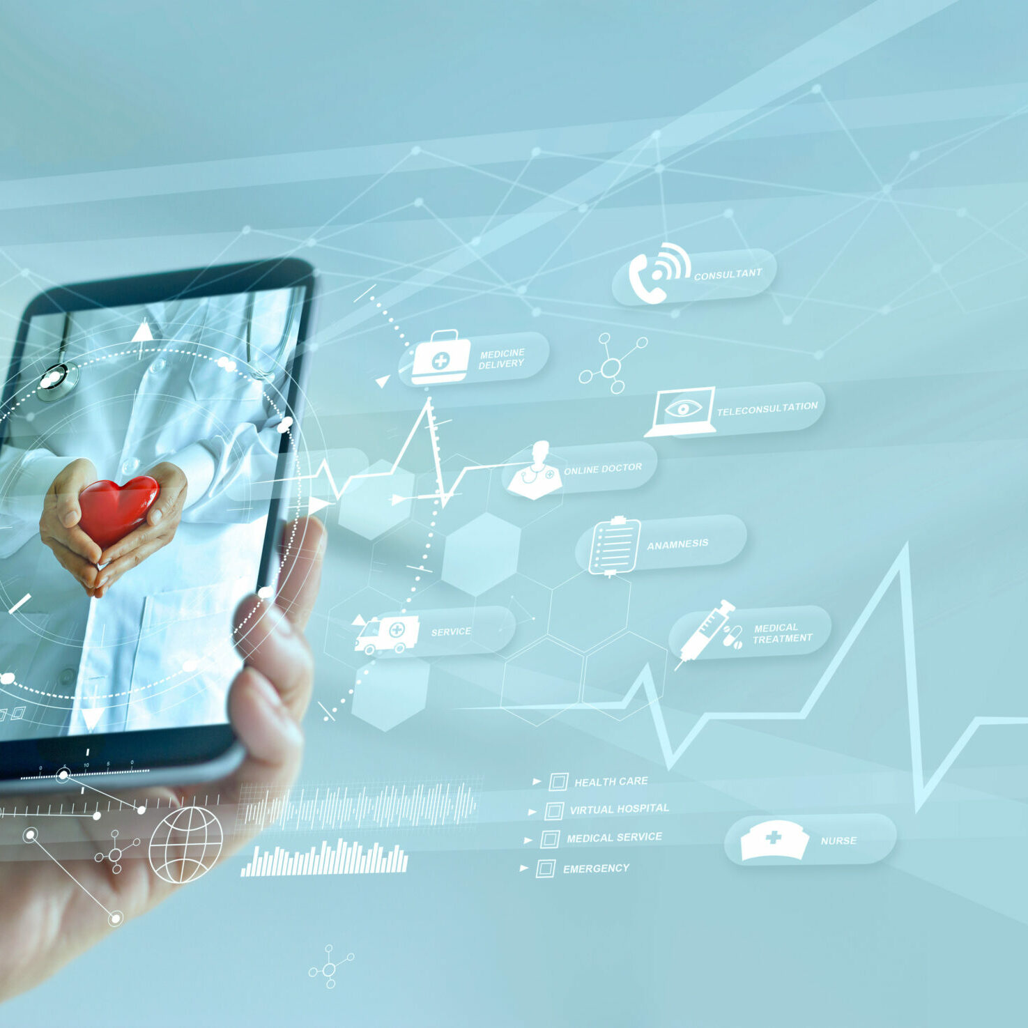 Healthcare, Doctor online and virtual hospital concept, Diagnostics and online medical consultation on smartphone, Communication with patient on network, Innovative and  medical technology.